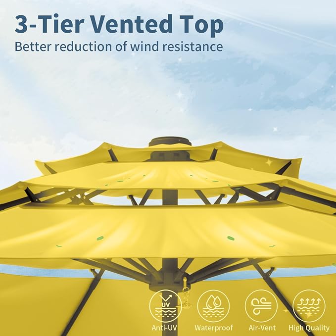 9FT 3 Tiers Patio Umbrella With Auto Tilt And Crank, Outdoor Table Market Umbrella with 8 Sturdy Ribs for Garden, Lawn, Deck, Backyard and Pool