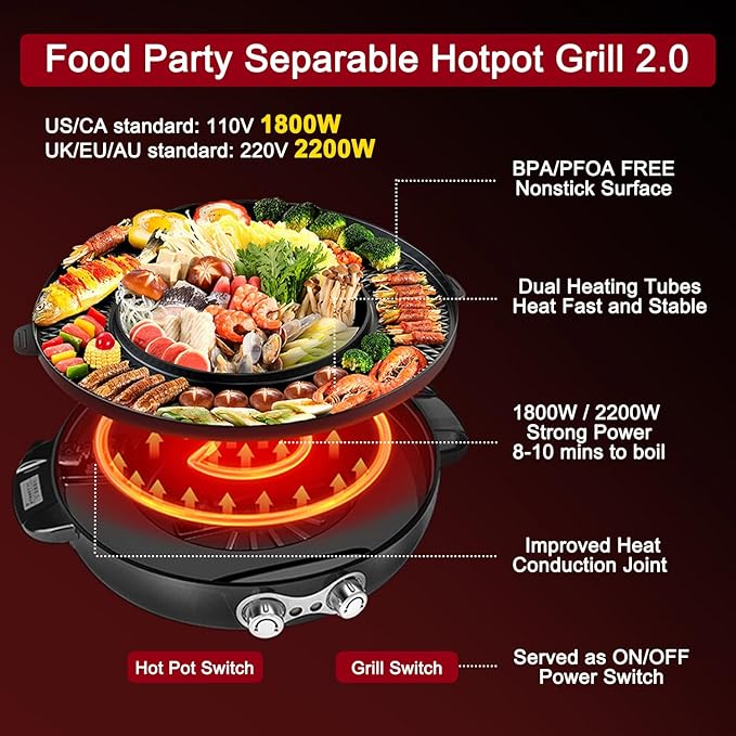 Food Party Hot Pot Electric Korean BBQ Grill Combo Hotpot Smokeless Indoor Grill 16.5" Detachable Easy Cleaning 110V 1800W Shabu Shabu Pot with Divider