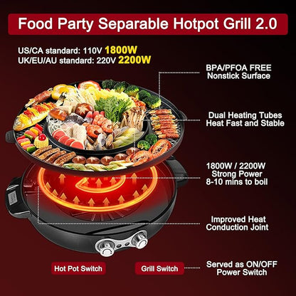 Food Party Hot Pot Electric Korean BBQ Grill Combo Hotpot Smokeless Indoor Grill 16.5" Detachable Easy Cleaning 110V 1800W Shabu Shabu Pot with Divider