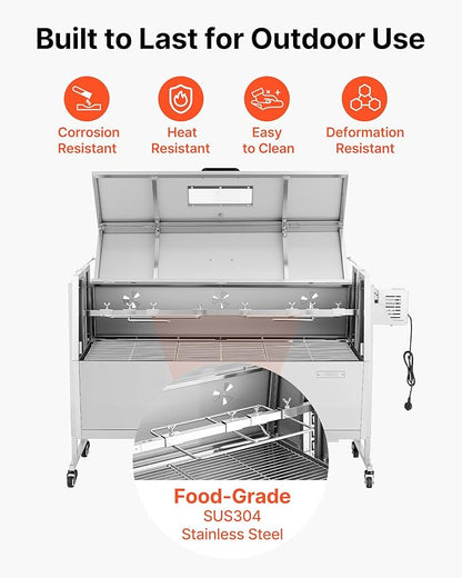 VEVOR Rotisserie Grill, 46in BBQ Outdoor Pig & Lamb Spit Roaster, Charcoal Spit Roaster with 132 LBS Capacity, Wheels & 4-Level Height, Stainless Steel Rotisserie Grill Kit for Camping Outdoor Parties