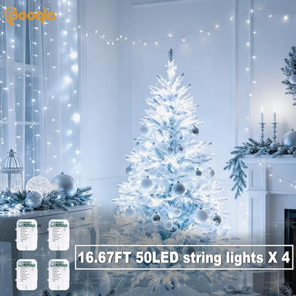 Pooqla 4 Pack String Lights Battery Operated, Total 66.6ft 200 LED Fairy Lights Indoor Outdoor Decorations, 8 Modes Cool White Battery Christmas Lights for Bedroom Classroom Porch Party Yard Decor