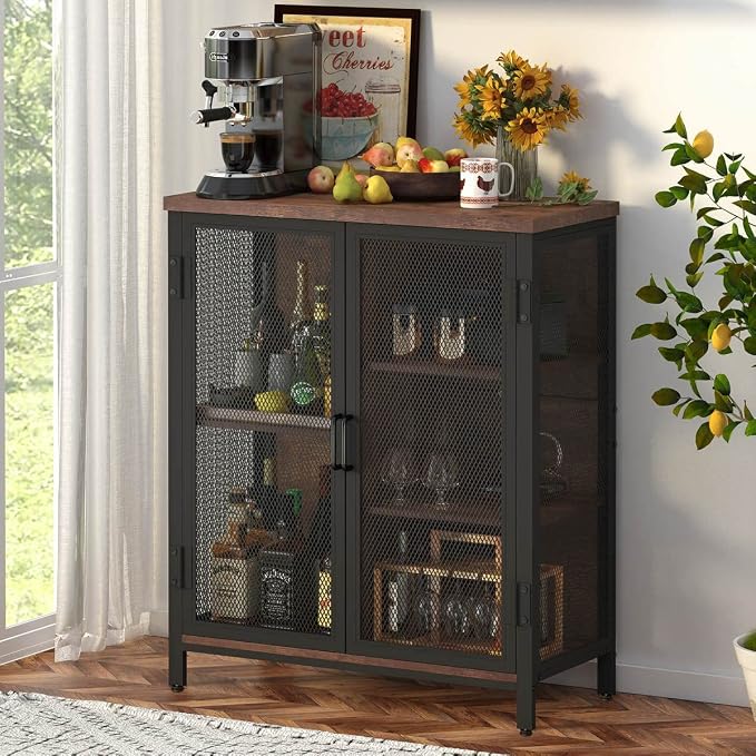 Coffee Bar Cabinet, Small Liquor Cabinet Station, Rustic Oak | Industrail Storage Cabinet, Adjustable Shelves, Farmhouse Sideboard Buffet for Home Kitchen, Dining, Entryway, Living Room