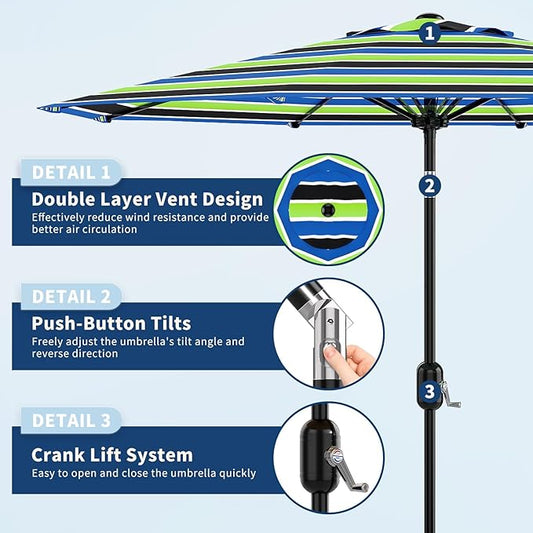 Garvee 9 ft Patio Umbrella - 8 Sturdy Ribs Outdoor Table Umbrella with Crank Lift & Push Button Tilt - Market Umbrella for Pool, Deck, Yard, Garden - Tricolor Stripe