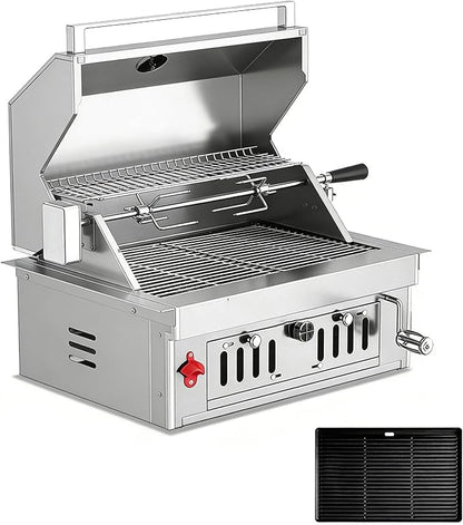 Large Built In Grill, Charcoal BBQ Grills with Liftable Tray, Visible Insulated Hood & Temp Gauge, Heavy-Duty Stainless Steel Barbecue Grill for Outdoor Kitchen Cooking Family Parties