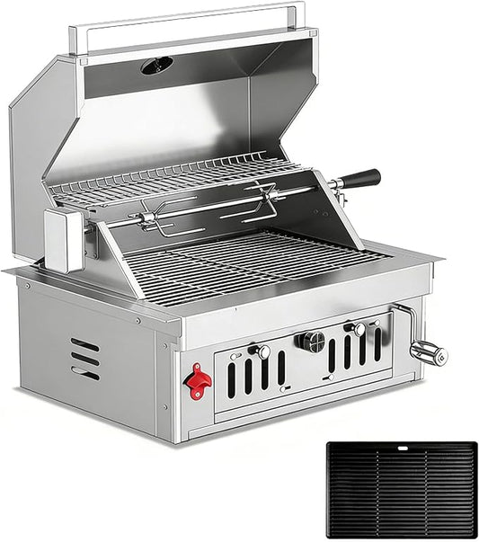 Large Built In Grill, Charcoal BBQ Grills with Liftable Tray, Visible Insulated Hood & Temp Gauge, Heavy-Duty Stainless Steel Barbecue Grill for Outdoor Kitchen Cooking Family Parties