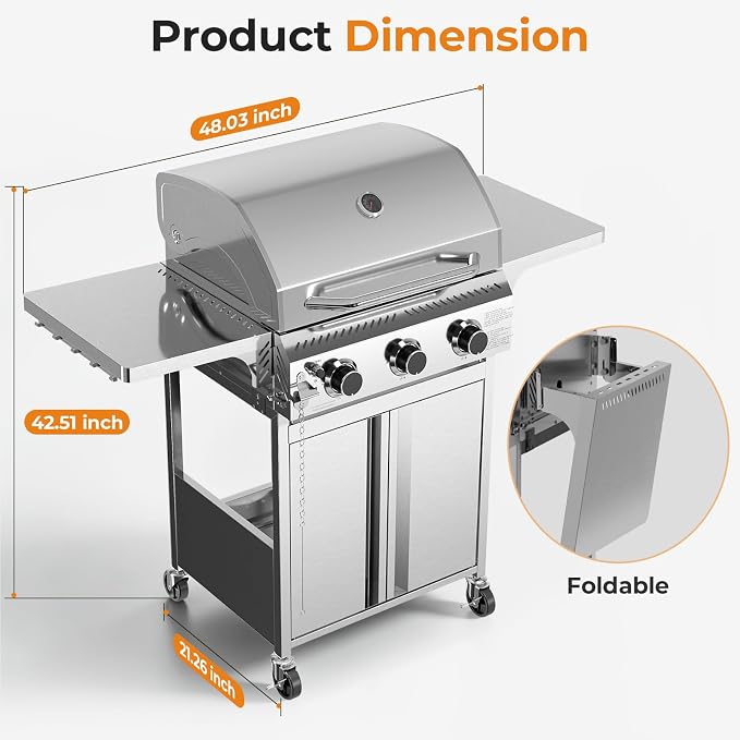 Kismile 3 Burner Propane Gas Grill, 24,000 BTU Stainless Steel BBQ Grill | Foldable Side Tables & Porcelain-Enameled Grates, Barbecue Grill with Wheels for Outdoor Cooking, Camping, Patio