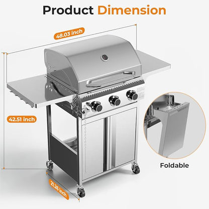 Kismile 3 Burner Propane Gas Grill, 24,000 BTU Stainless Steel BBQ Grill | Foldable Side Tables & Porcelain-Enameled Grates, Barbecue Grill with Wheels for Outdoor Cooking, Camping, Patio