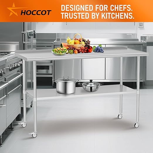 Stainless Steel Prep Table 30" X 60" with Adjustable Undershelf, Backsplash and Wheels, Commercial Metal Workstations for Kitchen, Garage, Home and Hotel