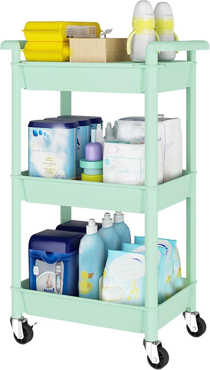 Steehoom 3-Tier Utility Rolling Cart with Cover Top Board, Mobile Utility Cart with Lockable Casters Multi-Functional Storage Trolley for Office, Bathroom, Kitchen, Garden, Laundry Room (Green)
