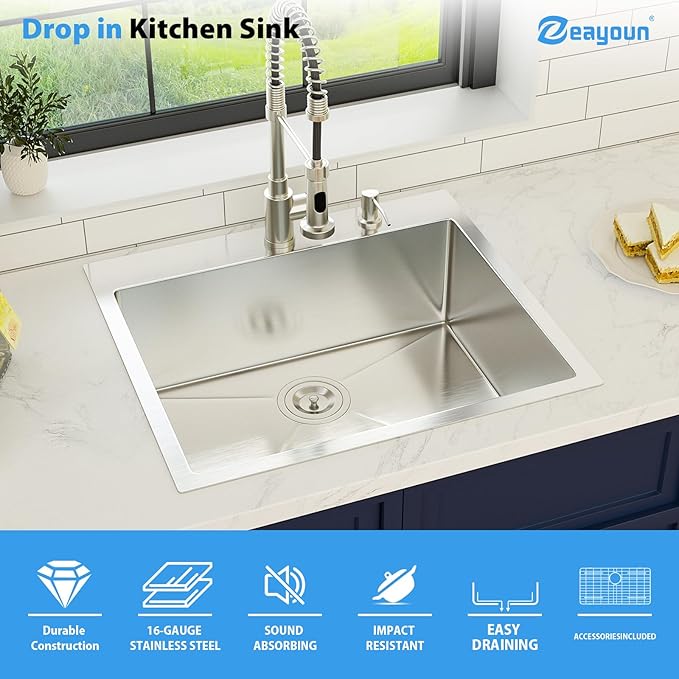 25 Inch Drop in Kitchen Sink 25x22 Drop in Kitchen Sink 16 Gague Topmount Stainless Steel Single Bowl Handmade Sinks Large Deep Basin 25"x22"x9"