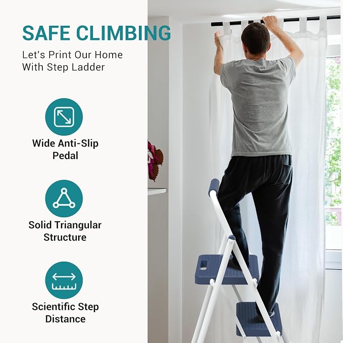 OLIXIS 2 Step Ladder, 880lbs Heavy Duty Step Stool with Anti-Slip Pedal | Portable Stepping Stool with Sturdy Ladder & Comfortable Handrail, for Kitchen, Garage & Outdoor Use, Blue