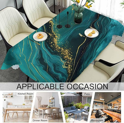 Tablecloth Marble Green, Abstract Liquid Marble Gold Green Rectangular Table Cover Kitchen Table Cloth for Dining Hotel Coffee Parties Tabletop Decoration, 52x70 Inch