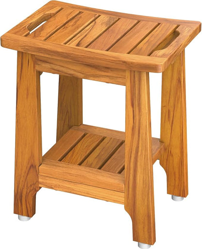 NNN 14" Compact Teak Shower Stool with Japan-Made Non-Slip Leveling Feet | US Patented Design, Marine-Grade Hardware, Pre-Oiled European Teak Oil, Ready, 300lb, for Small Baths Tubs & Outdoor Pools