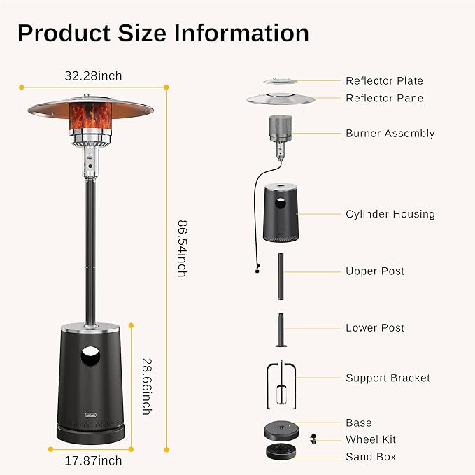EAST OAK 50,000 BTU Patio Heater with Sand Box, Table Design, Double-Layer Stainless Steel Burner, Wheels, Triple Protection System, Outdoor Heater for Home and Residential, Polar Night