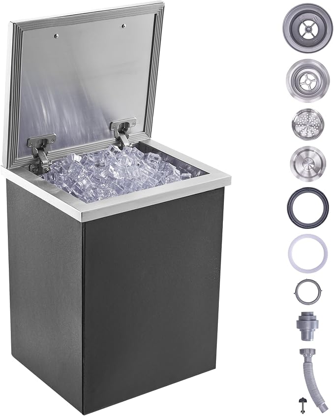 VEVOR Drop in Ice Chest, 14" L x 12" W x 18" H Stainless Steel Ice Cooler, Commercial Ice Bin with Hinged Cover, 40 qt Outdoor Kitchen Ice Bar, Drain-Pipe and Drain Plug Included, for Cold Wine Beer