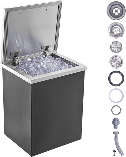 VEVOR Drop in Ice Chest, 14" L x 12" W x 18" H Stainless Steel Ice Cooler, Commercial Ice Bin with Hinged Cover, 40 qt Outdoor Kitchen Ice Bar, Drain-Pipe and Drain Plug Included, for Cold Wine Beer