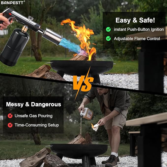 Powerful Propane Torch Gun with One-Tap Max Power & Safety Lock, Adjustable Flame Up to 3,272°F for BBQ, Searing, Camping, Weeding & DIY (Tank Not Included)