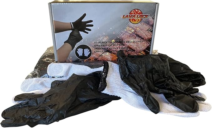 LavaLock Disposable Nitrile BBQ Gloves with Cotton Liners for Outdoor Cooking Grilling Smokers and Barbecue Competition, Chef or Kitchen use (Large 50 Count Black)