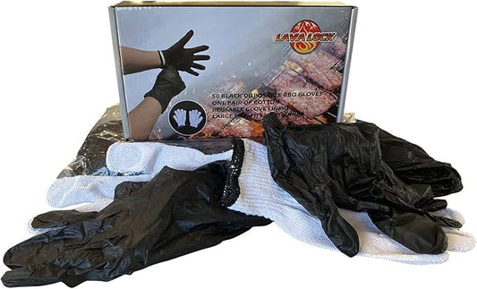 LavaLock Disposable Nitrile BBQ Gloves with Cotton Liners for Outdoor Cooking Grilling Smokers and Barbecue Competition, Chef or Kitchen use (Large 50 Count Black)