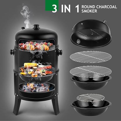 Vertical Steel Charcoal Smoker, Round BBQ Grill Vertical Charcoal BBQ Smoker, 3-in-1 Portable Outdoor Grill Cooker with Built-in Thermometer for Outdoor Cooking Backyard Grilling Camping Picnic
