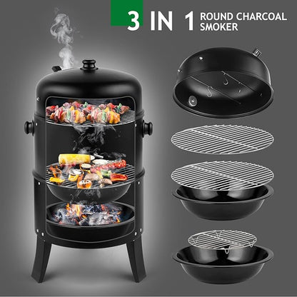 Vertical Charcoal BBQ Smoker,16" Round Charcoal Barbecue Grill with 2 Cooking Area, and Thermometer for Outdoor Camping Picnic Backyard Cooking, Black