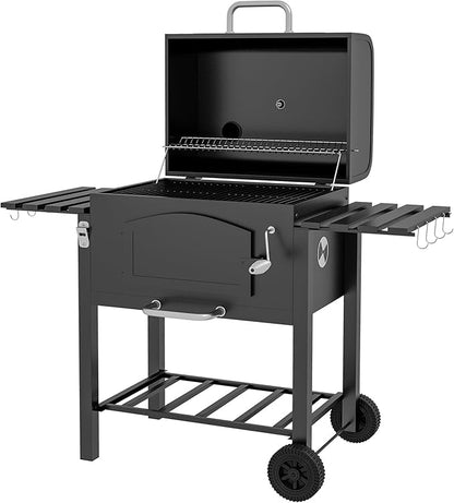 Charcoal BBQ Grill with Adjustable Height, Folding Side Shelves, Thermometer, Wheels & Storage Rack, Outdoor Barbecue Grill