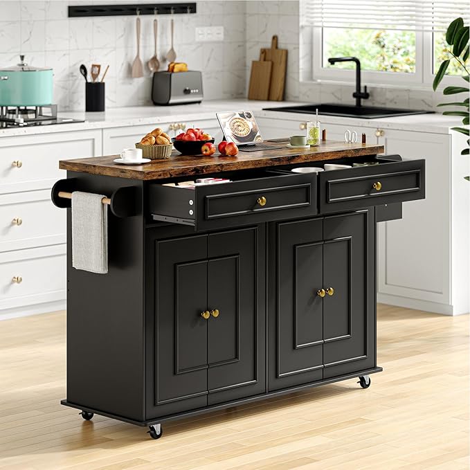 ComfyCorner 58" Rolling Kitchen Island with Storage, Island Table for Kitchen with Power Outlet, Multi-level Kitchen Islands on Wheels, Mobile Bar Cart with Spice Rack, Towel Rack, Knife Holder, Black