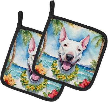 Caroline's Treasures Bull Terrier Luau Pair of Pot Holders Kitchen Heat Resistant Pot Holders Sets Oven Hot Pads for Cooking Baking BBQ, 7 1/2 x 7 1/2