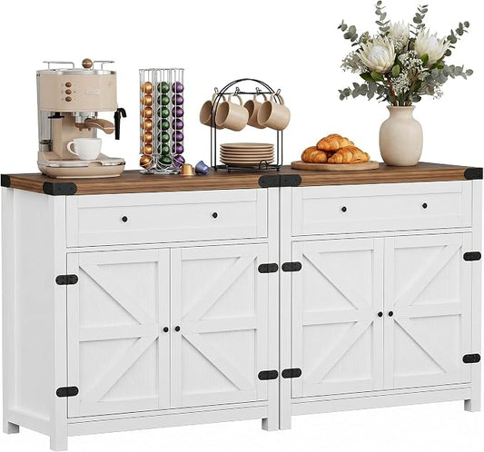 YESHOMY Kitchen Storage Cabinet, Coffee Bar Cabinet, Farmhouse Sideboard Buffet with Storage, Barn Door Accent Cabinet with a Drawer and Adjustable Shelf for Dining Room, Entryway, Rustic White, 2 PCS