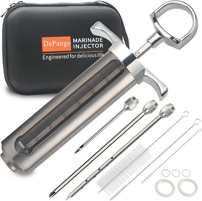 DePango Meat Injector, Stainless Steel Marinade Injector Flavor Syringe Kit with 2-oz Measurement Window for Smoker Food BBQ Grill, Cooking Turkey Chicken Steak Beef Brisket Pork-Chops, 3 Meat Needles
