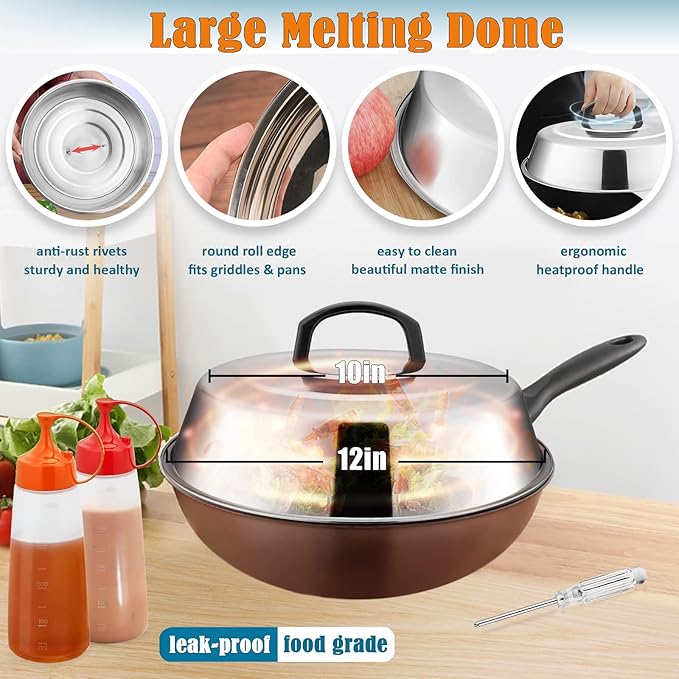 HaSteeL Griddle Accessories Set of 12, Professional Stainless Steel Metal Spatula Tools with 12in Cheese Melting Dome, Heavy Duty Griddle Spatulas Great for Teppanyaki Flat Top Cooking Outdoor Indoor