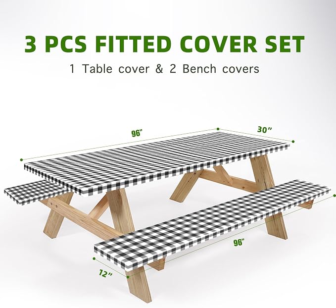 UMINEUX Picnic Table Cover with Bench Covers Fitted Table Clothes for 8 Foot Rectangle Tables Vinyl Flannel Backing with Elastic Edge -for Outdoor/Indoor Party Dining(30 x 96 Inch,3-Pcs,Black Plaid)