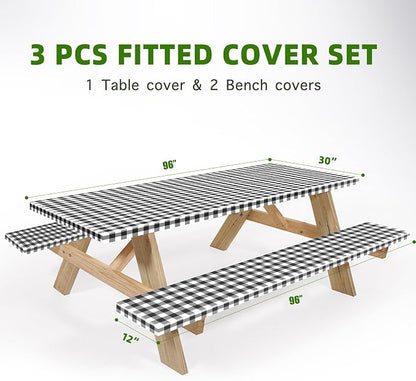 UMINEUX Picnic Table Cover with Bench Covers Fitted Table Clothes for 8 Foot Rectangle Tables Vinyl Flannel Backing with Elastic Edge -for Outdoor/Indoor Party Dining(30 x 96 Inch,3-Pcs,Black Plaid)