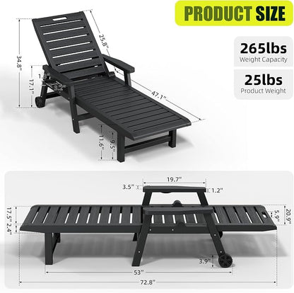 HDPE Outdoor Chaise Lounge Set of 4 with Wheels & Cup Holder, Black | cup holder, 5-adjustable position, HDPE all-weather resin, lightweight, pool lounge chairs for pool, patio, beach, outside