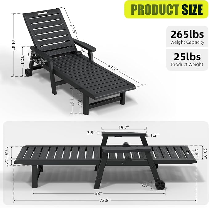 Outdoor Chaise Lounge Chair Set of 4, HDPE All-Weather Pool Lounge Chair with 5 Positions, Wheels & Cup Hoplder for Pool, Beach, Garden (Black)