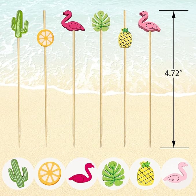 150 PCS Hawaiian Appetizer Picks Tropical Cocktail Toothpicks Party Decorations for Drinks Bamboo Charcuterie Skewers Flamingo Pineapple Palm Leaf Orange Cactus Sticks for Food Luau Hawaii Beach
