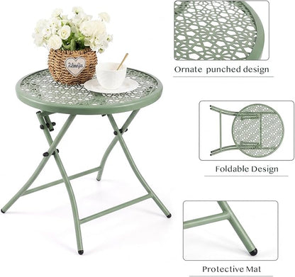 TeoKJ Folding Outdoor Small Side Tables | Anti Rust Small Patio Table Round Metal Nightstand with Flower Cutouts for Porch Yard Balcony Deck Lawn, Green