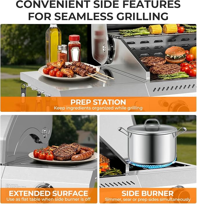 Kismile 3-Burner Propane Gas Grill with Side Burner, Stainless Steel 34,000 BTU BBQ Grill, Cast iron Griddle & Enamel Grates, Barbecue Grill for Outdoor Cooking, Backyard, Patio, Deck Camping