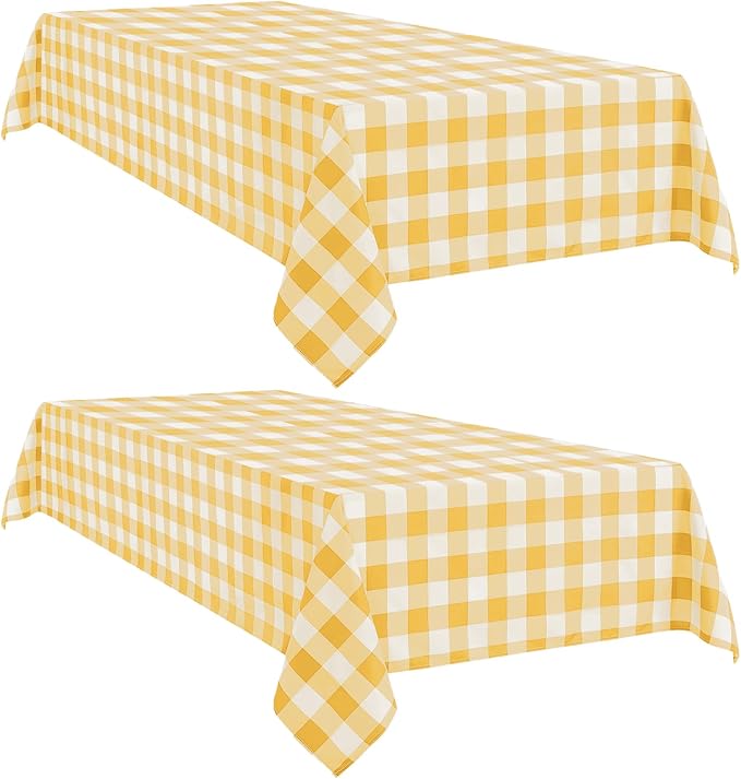 Softalker Gingham Checkered Tablecloth Rectangle - Outdoor Waterproof Buffalo Plaid Table Cloth, Stain Resistant Washable Table Cover for Picnic, Camping - Yellow and White, 2 Pack - 60 x 120 Inch