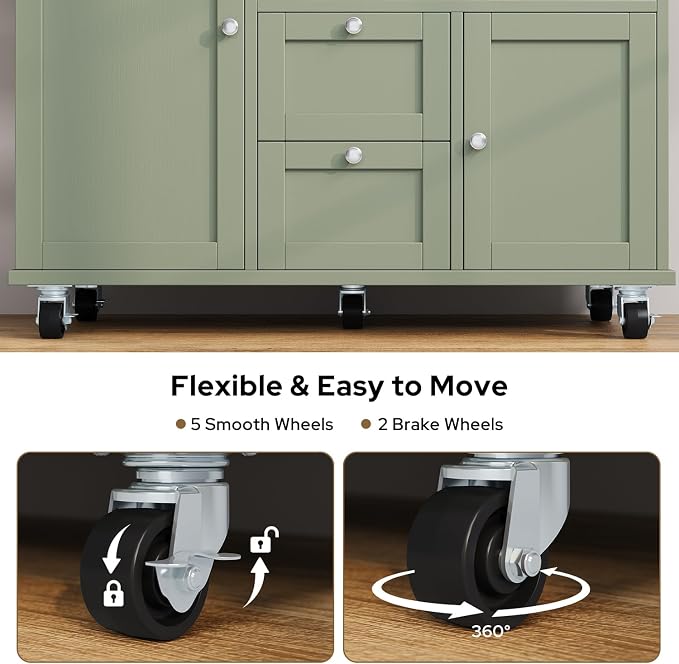 knoworld Rolling Kitchen Island with Storage Cabinet, 41.3'' Width Kitchen Cart with Desktop Drop Leaf Countertop, Portable Mobile Island with Towel Rack, Spice Rack Shelf and Lockable Wheels, Green