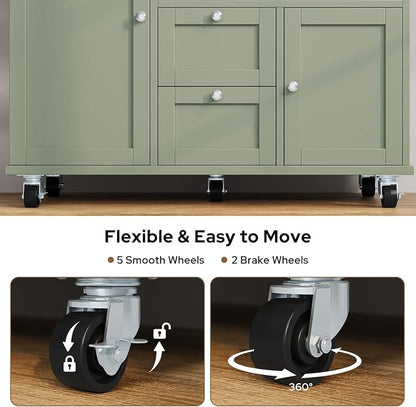 knoworld Rolling Kitchen Island with Storage Cabinet, 41.3'' Width Kitchen Cart with Desktop Drop Leaf Countertop, Portable Mobile Island with Towel Rack, Spice Rack Shelf and Lockable Wheels, Green