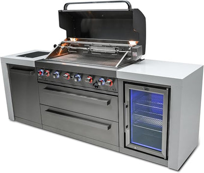 Mont Alpi MAi805-DFC-NG 6-Burner 115000 BTU Deluxe Stainless Steel Modular Outdoor Kitchen Island Grill with MANGK Natural Gas Conversion Kit + Fridge Cabinet, Granite Countertops & 2 Infrared Burners