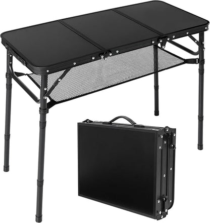 Folding Camping Table with Storage Net,3ft Portable Aluminum Folding Table with 3 Adjustable Height Max 27.3 Inch for Outdoor Backyard BBQ Picnic Cooking Tents Beach Indoor Bedroom（Black）
