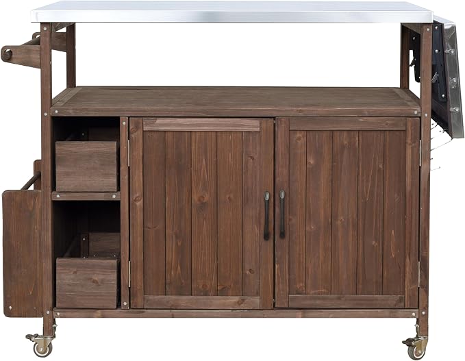 Christopher Knight Home Edsel Outdoor Bar Cart with Stainless Steel Top and Lockable Wheels, Solid Wood Outdoor Storage Cabinet, Kitchen Island Serving Cart for Poolside, Garden, Brown+Silver
