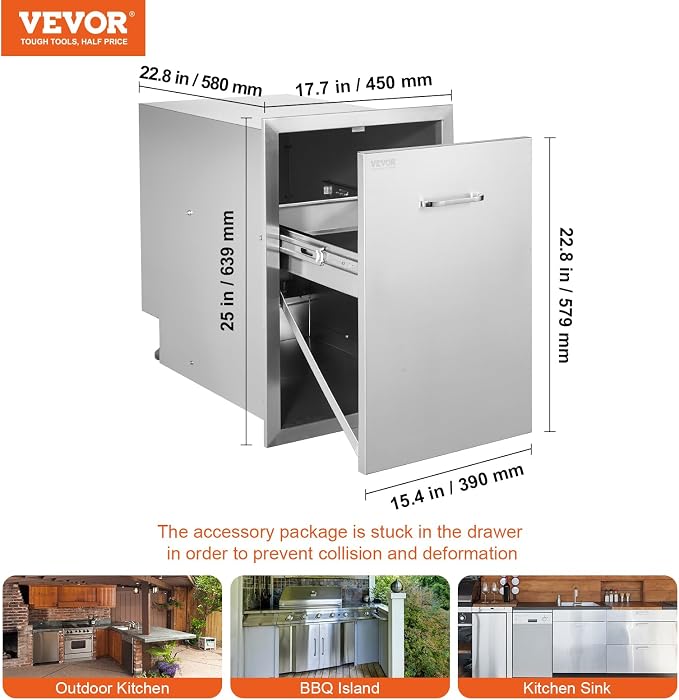 VEVOR Outdoor Kitchen Drawers 17.7"W x 25"H x 22.8"D Stainless Steel | Cabinets Trash Drawer/Door/Combo, for BBQ Island, Patio Grill Station, Access Door Drawers, Handle, Smooth Sliding Rail