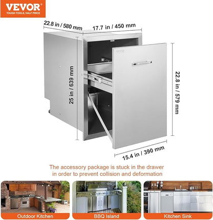 VEVOR Outdoor Kitchen Drawers 17.7"W x 25"H x 22.8"D Stainless Steel | Cabinets Trash Drawer/Door/Combo, for BBQ Island, Patio Grill Station, Access Door Drawers, Handle, Smooth Sliding Rail