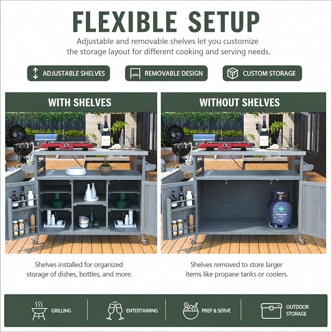 Outdoor Kitchen Island, 50.25" Rolling Grill Table with Storage Cabinet, 201 Stainless Steel Top Outdoor Bar Cart, Solid Fir Wood BBQ Prep Station with Adjustable Shelves, Spice Rack (Grey Blue)