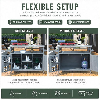 Outdoor Kitchen Island, 50.25" Rolling Grill Table with Storage Cabinet, 201 Stainless Steel Top Outdoor Bar Cart, Solid Fir Wood BBQ Prep Station with Adjustable Shelves, Spice Rack (Grey Blue)