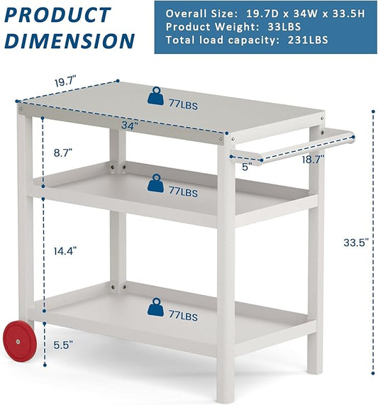 TORVA Outdoor Prep Grill Cart, Honeycomb Style Wear-Resistant Tabletop with High Load-Bearing Portable BBQ Cart, HDPE Durable Frame 3-Tier Storage Cart, White