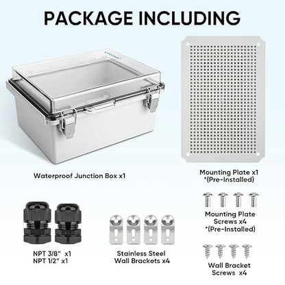 TICONN 2PK Outdoor Electrical Box Waterproof, Junction Box IP67 ABS Plastic Enclosure with Hinged Cover with Mounting Plate, Wall Brackets, Cable Glands (Clear, 11"X7.5"X5.5")